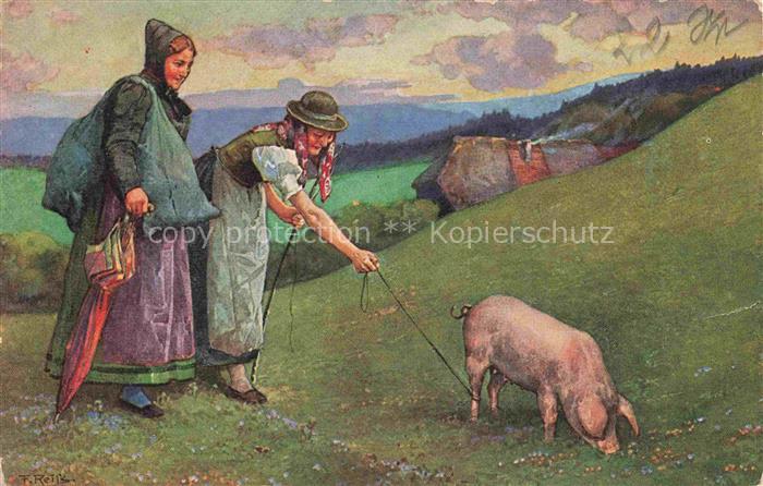 REIss Fritz Kuenstlerlitho Schwarzwaldkuenstler Schwarzwaelder leben Schwein Fra