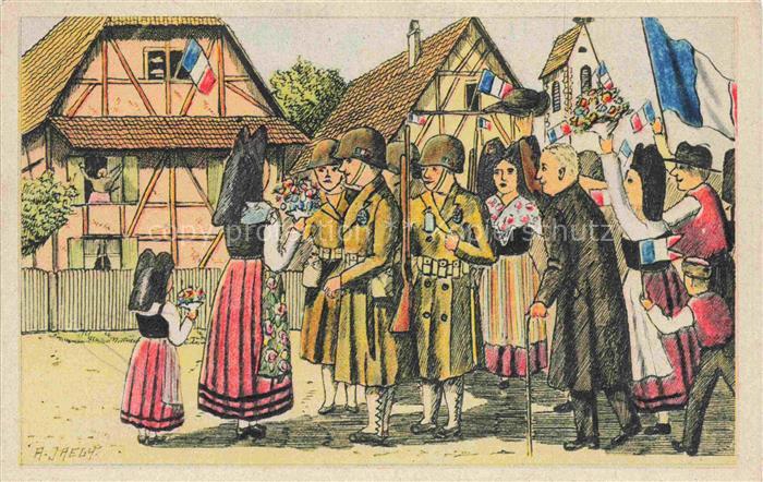 Jaegy A. Alsace Elsass Kuenstlerkarte The glorious return of France litho