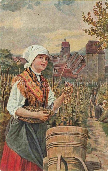HOFFMANN  Heinrich Kuenstlerkarte Traubenernte im Schloss Reichenweier