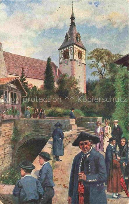 HOFFMANN  Heinrich Kuenstlerkarte Sonntag in Schwarzwald Kirche Bad Liebenzell