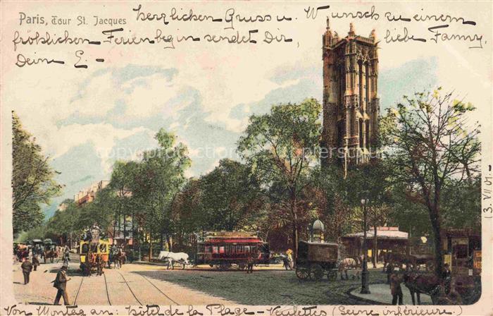 Pferdebahn Pferdetram Paris St. Jaeques Litho