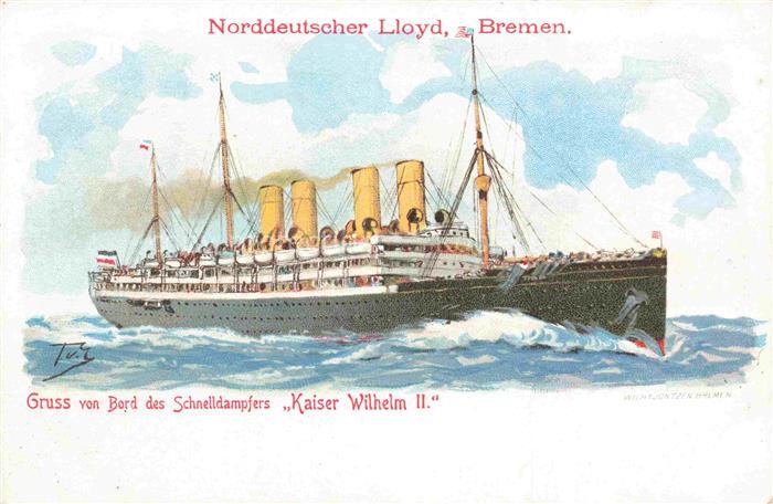 Dampfer Oceanliner Norddeutscher Lloyd Bremen Kaiser Wilhelm 2 Litho