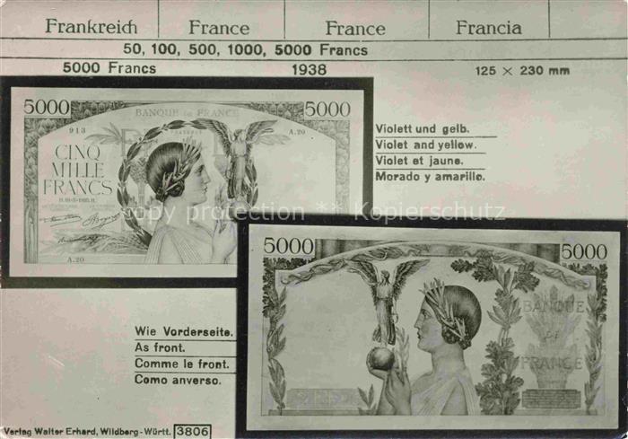 Geldscheine auf AK Muenzen auf AK Frankreich 5000Francs