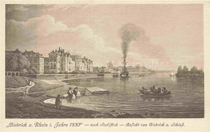 Biebrich  WiIESBADEN Rheinpartie mit Schloss Stahlstich 1830