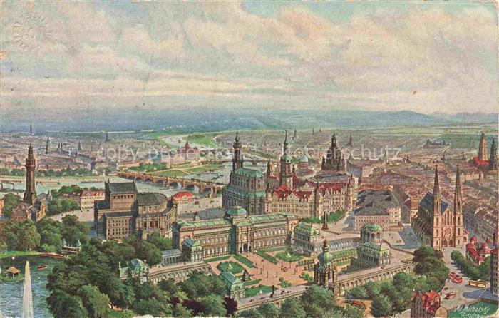 DRESDEN Elbe Zeppelin Ansicht vom Zwinger Opernhaus und Schloss