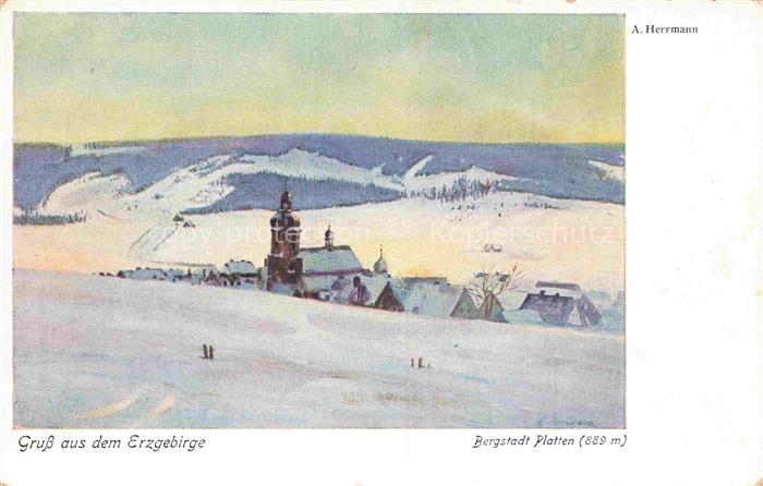 Platten Erzgebirge Boehmen Horni Blatna CZ Panorama mit Kirche Zeichnung