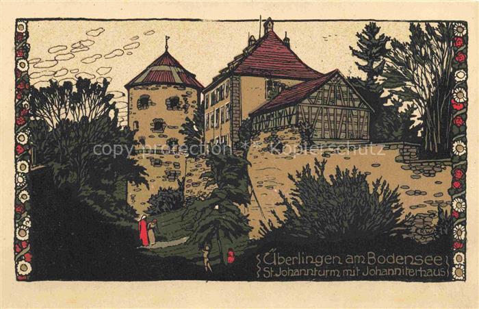 ueberlingen Bodensee BW St Johannturm mit Johanniterhaus Lithographie