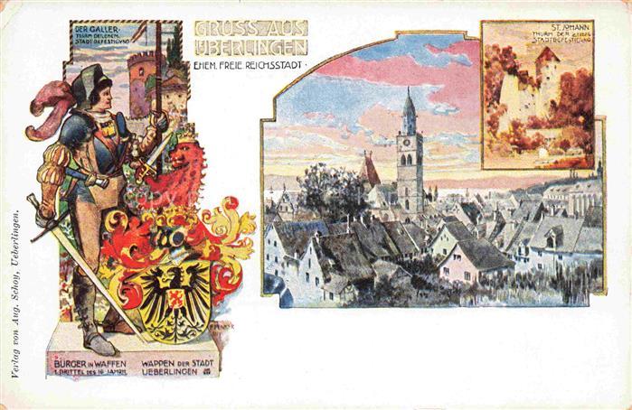 ueberlingen Bodensee BW Panorama Buerger in Waffen Stadtwappen St Johann