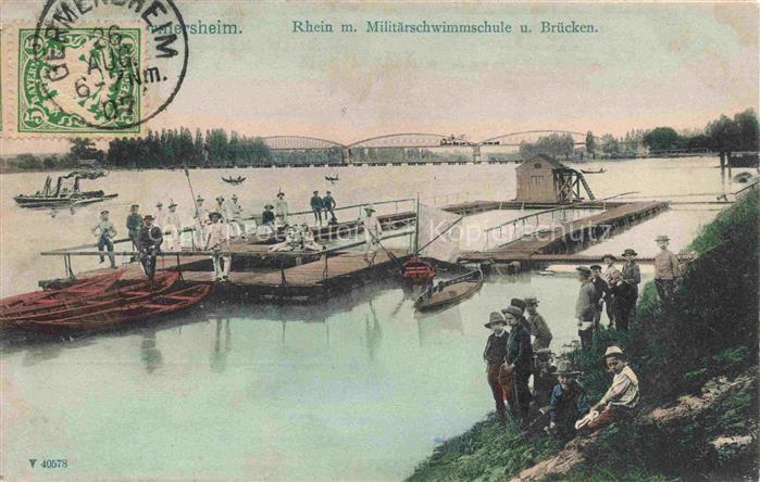Germersheim Rhein mit Militaerschwimmschule und Bruecken