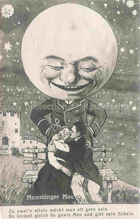 Memmingen Bayern Memminger Mau Liebespaar auf Bank im Mondschein Karikatur