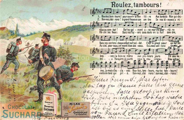 Militaria Schweiz Chocolat Suchard Nilka Roulez tambours