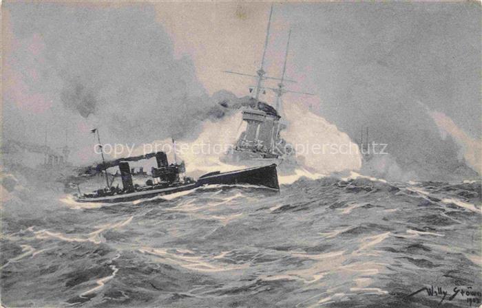 Stoewer Willy Tegel Kuenstlerlitho Torpedoboots Angriff Nordsee
