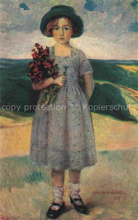 KJELBERG-JUEL Astrid Kuenstlerkarte Maedchen Rosen Hut Goldlack