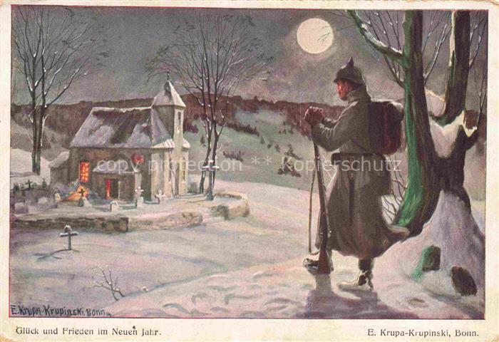 Krupa-Krupinski Bonn Kuenstlerkarte Neujahr Sldat Pickelhaube
