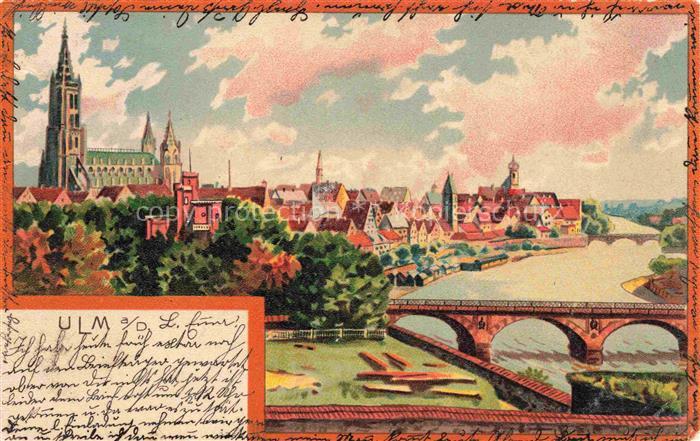 ULM  Donau Stadtpanorama Donau Bruecke Muenster Kuenstlerkarte
