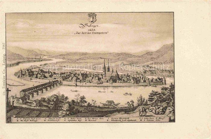 Saeckingen Bad Baden BW Panorama Alter Kupferstich Kuenstlerkarte