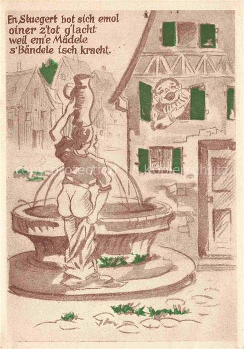 STUTTGART CITY Karikatur Maedele am Brunnen
