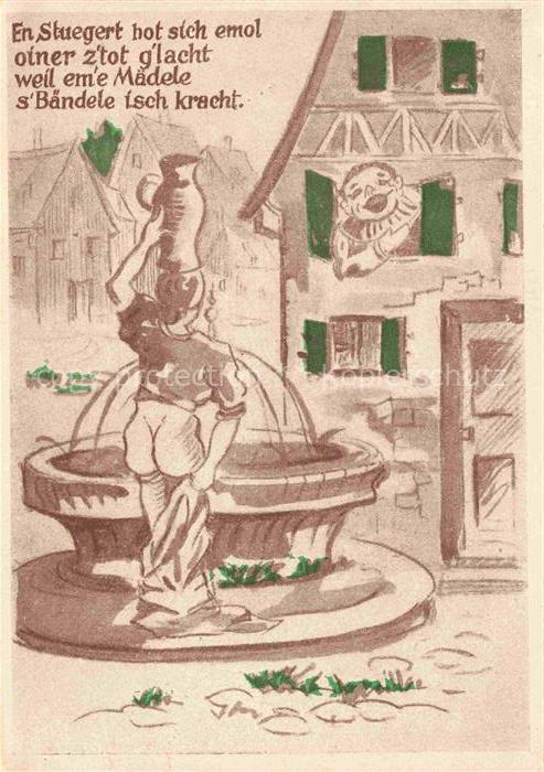 STUTTGART CITY Karikatur Maedele am Brunnen