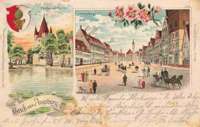 AUGSBURG  CITY Fuenfgradturm Jakobsplatz Litho