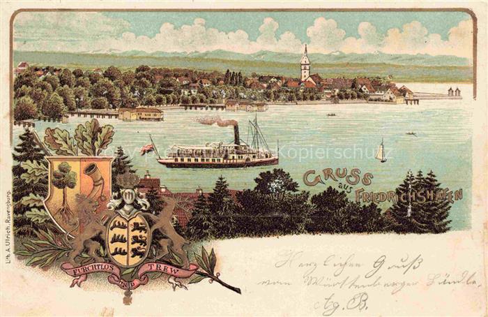 FRIEDRICHSHAFEN Bodensee Panorama Wappen Krone Litho