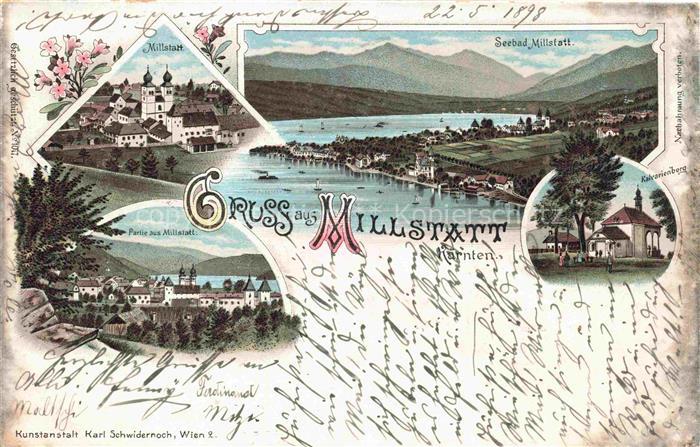 Millstatt Millstaettersee Kaernten AT Panorama Seebad Ansicht mit Kirche Litho