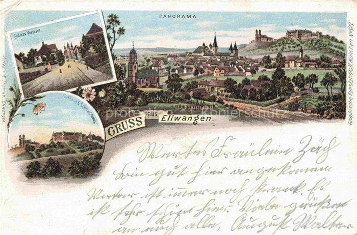 Ellwangen Jagst Panorama Schloss Vorstadt Schloss und Schoenenberg Kirche Litho