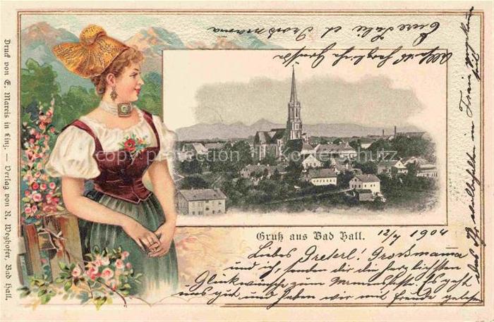 Bad Hall Solbad Hall Oberoesterreich AT Stadtpanorama mit Kirche Trachten