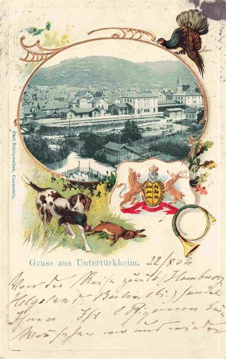 Untertuerkheim STUTTGART Teilansicht Auerhahn Hund Hase Wappen Krone