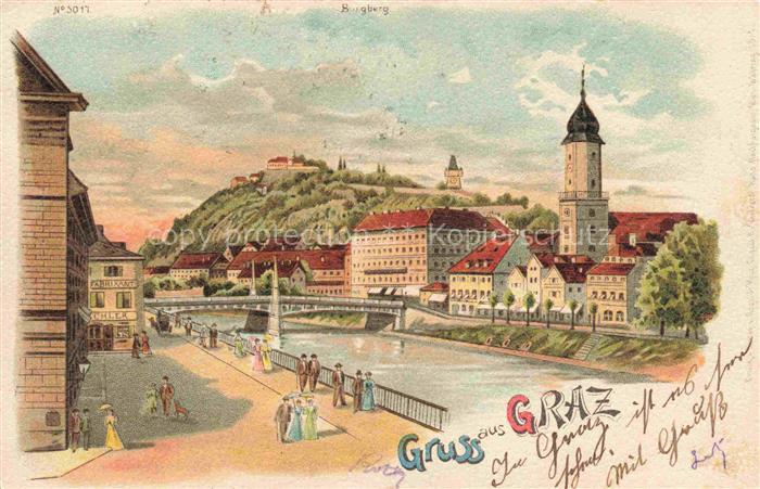 GRAZ Steiermark AT Blick ueber die Mur zum Schlossberg Glockenturm Kuenstlerkar