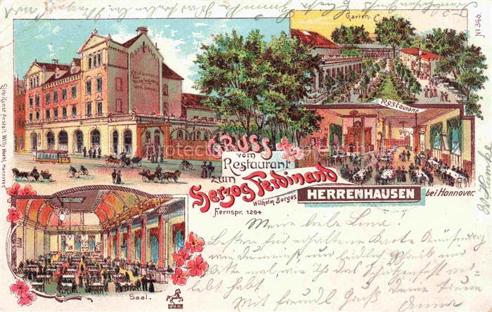 Herrenhausen HANNOVER Restaurant zum Herzog Ferdinand Festsaal Litho Deutsche Re