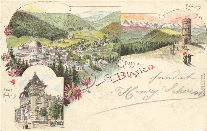 ST BLASIEN BW Panorama Neues Kurhaus Bismarckturm Feldberg Schwarzwald Litho