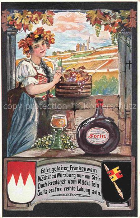 WueRZBURG Bayern Weinprinzessin Frankenwein Flasche Glas Wappen Kuenstlerkarte