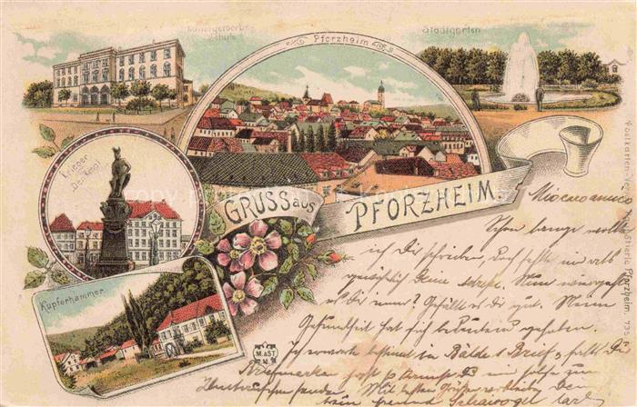 PFORZHEIM BW Stadtpanorama Stadtgarten Kriegerdenkmal Kupferhammer Litho