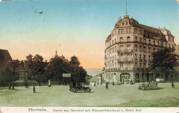 PFORZHEIM BW Partie am Bahnhof mit Bismarckdenkmal und Hotel Ruf