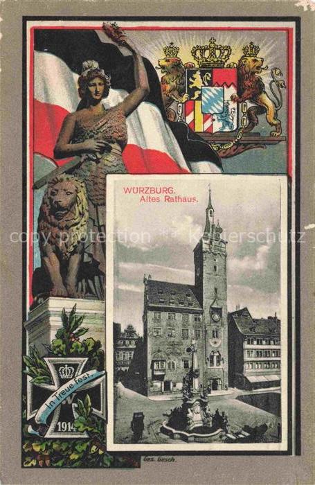 WueRZBURG Bayern Altes Rathaus Wappen Krone Statue Loewe Denkmal Fahne Feldpost