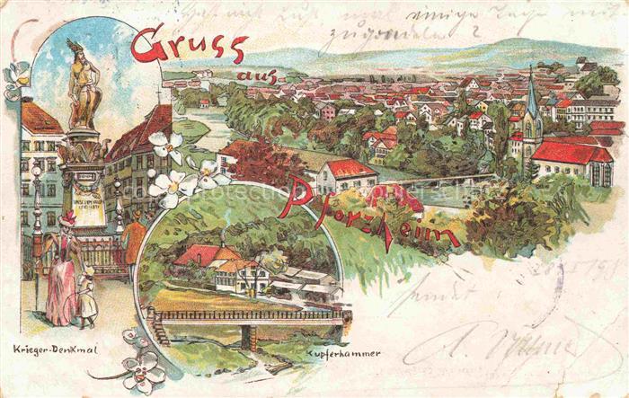 PFORZHEIM BW Stadtpanorama Kriegerdenkmal Kupferhammer Kuenstlerkarte