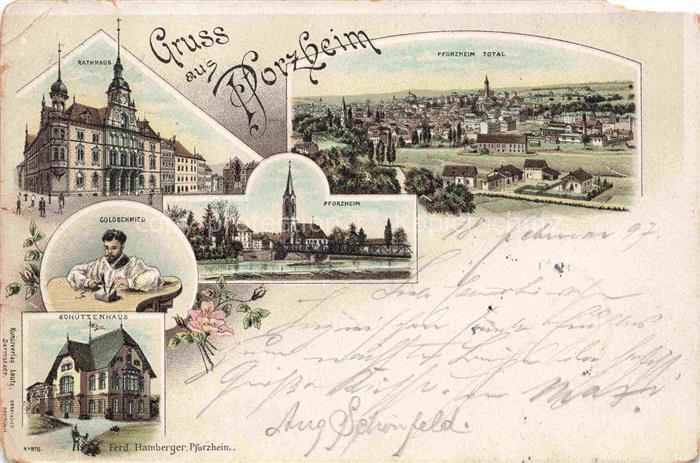 PFORZHEIM BW Panorama Rathaus Kirche Goldschmied Schuetzenhaus Deutsche Reichspo