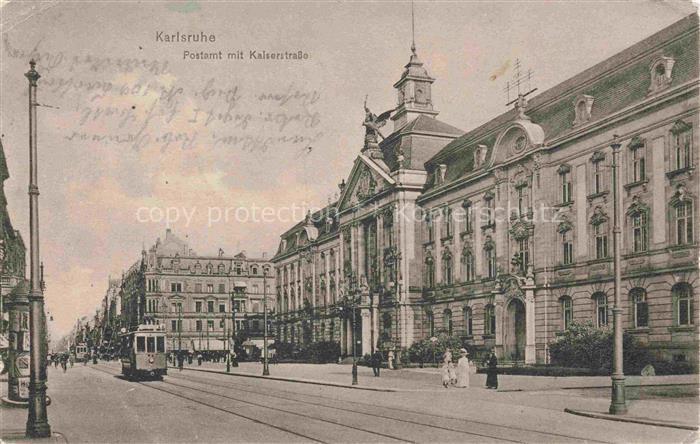 KARLSRUHE Baden Postamt mit Kaiserstrasse Strassenbahn Pruefstempel