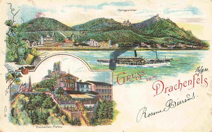 Koenigswinter Panorama Blick ueber den Rhein Drachenfels Plateau Litho