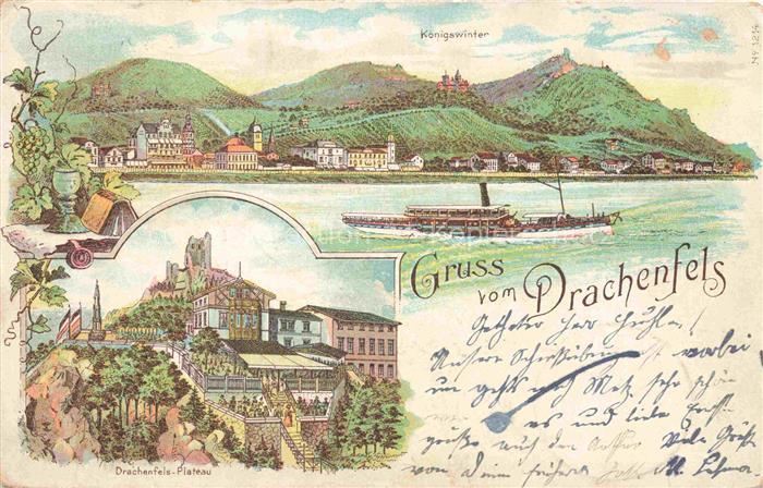 Koenigswinter Panorama Blick ueber den Rhein Drachenfels Plateau Litho