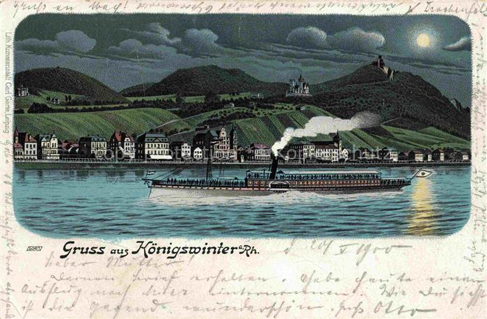 Koenigswinter Panorama Blick ueber den Rhein Rheindampfer Litho Kuenstlerkarte D