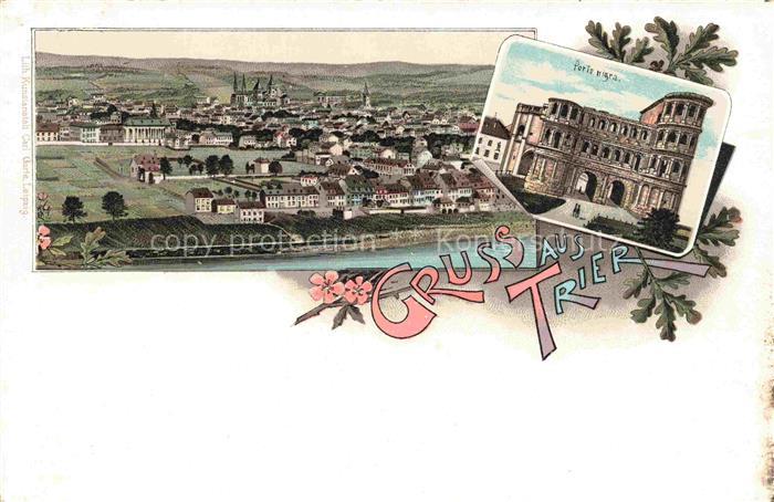 TRIER  CITY Stadtpanorama Porta nigra Litho Deutsche Reichspost