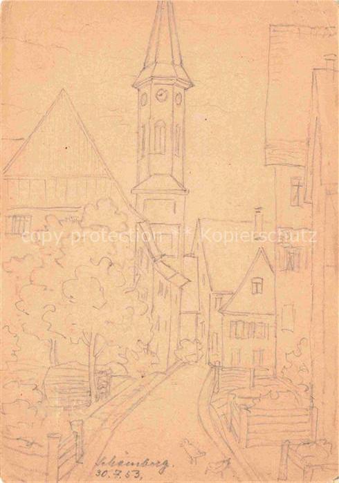 Schoemberg Zollernalbkreis Balingen BW Ortszentrum mit Kirche Zeichnung Kuenstle