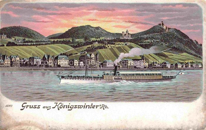 Koenigswinter Rhein Panorama Blick ueber den Rhein Rheindampfer Litho