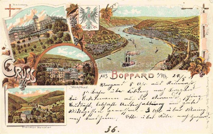 Boppard Rhein Rheinland-Pfalz Panorama Marienberg Muehlbad Pension Henzler Litho