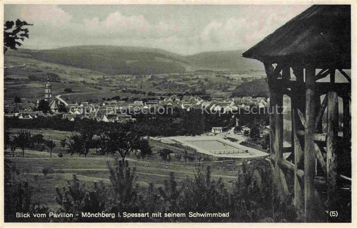 Moenchberg  Spessart Bayern Panorama Blick vom Pavillon mit Freibad