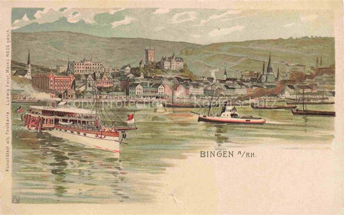 Bingen Rhein Panorama Rheinschiffahrt Kuenstlerkarte