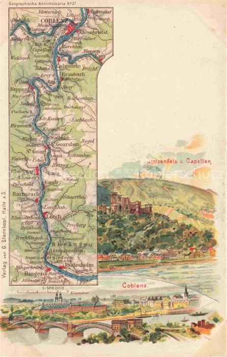 KOBLENZ  Rhein Landkarte Rheintal Schloss Stolzenfels und Capellen Kuenstlerkart