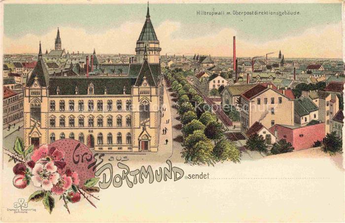 DORTMUND  CITY Panorama Hiltropwall mit Oberpostdirektionsgebaeude Litho
