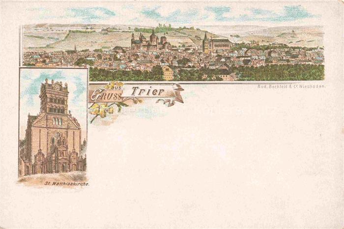 TRIER  CITY Panorama St. Matthiaskirche Litho